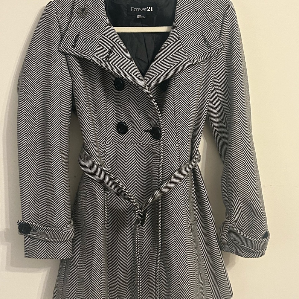 Forever 21 Herringbone Black and White Pea Coat
